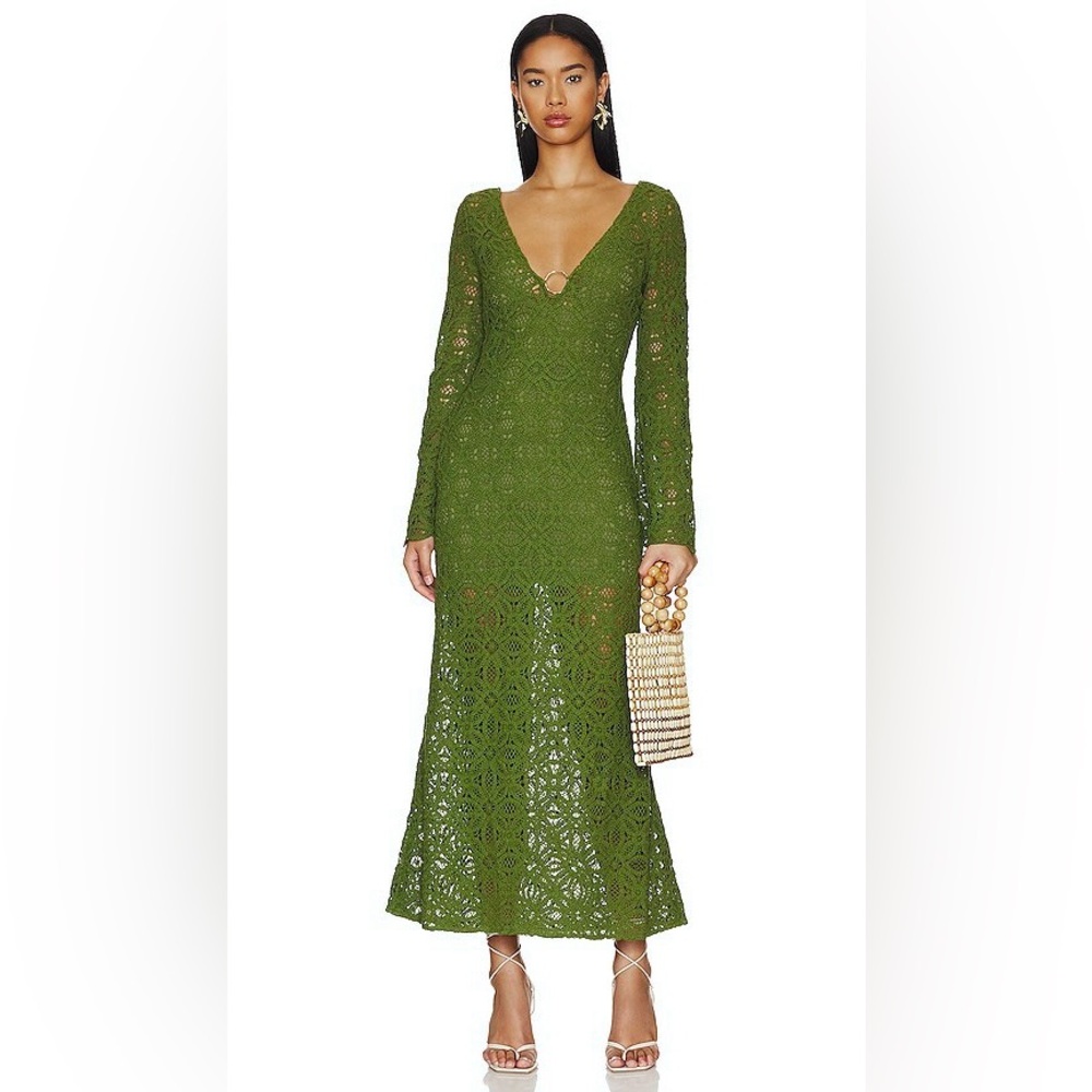 Significant Other Crocheted Green ‘Imogen’ Deep V-Neck Maxi Dress in “Juniper”